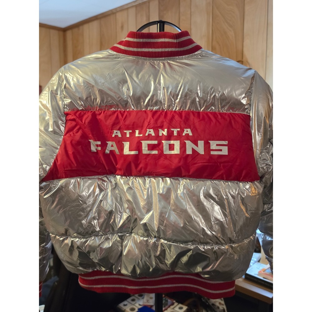 GIII 4Her NFL Atlanta Falcons Metallic Silver Puffer Jacket Women Medium New - Picture 3 of 4